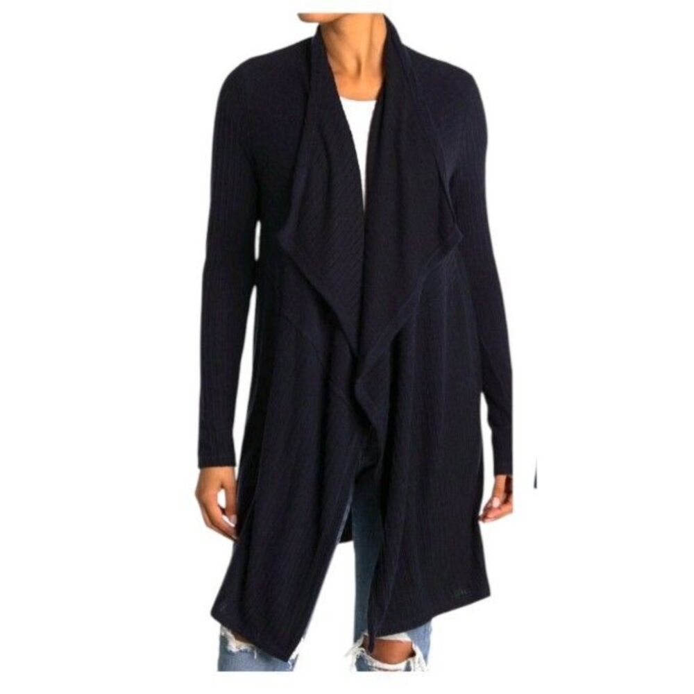 H&M Belted Drape Front Cardigan Minimalist Open Waterfall Knit Navy Blue Size L